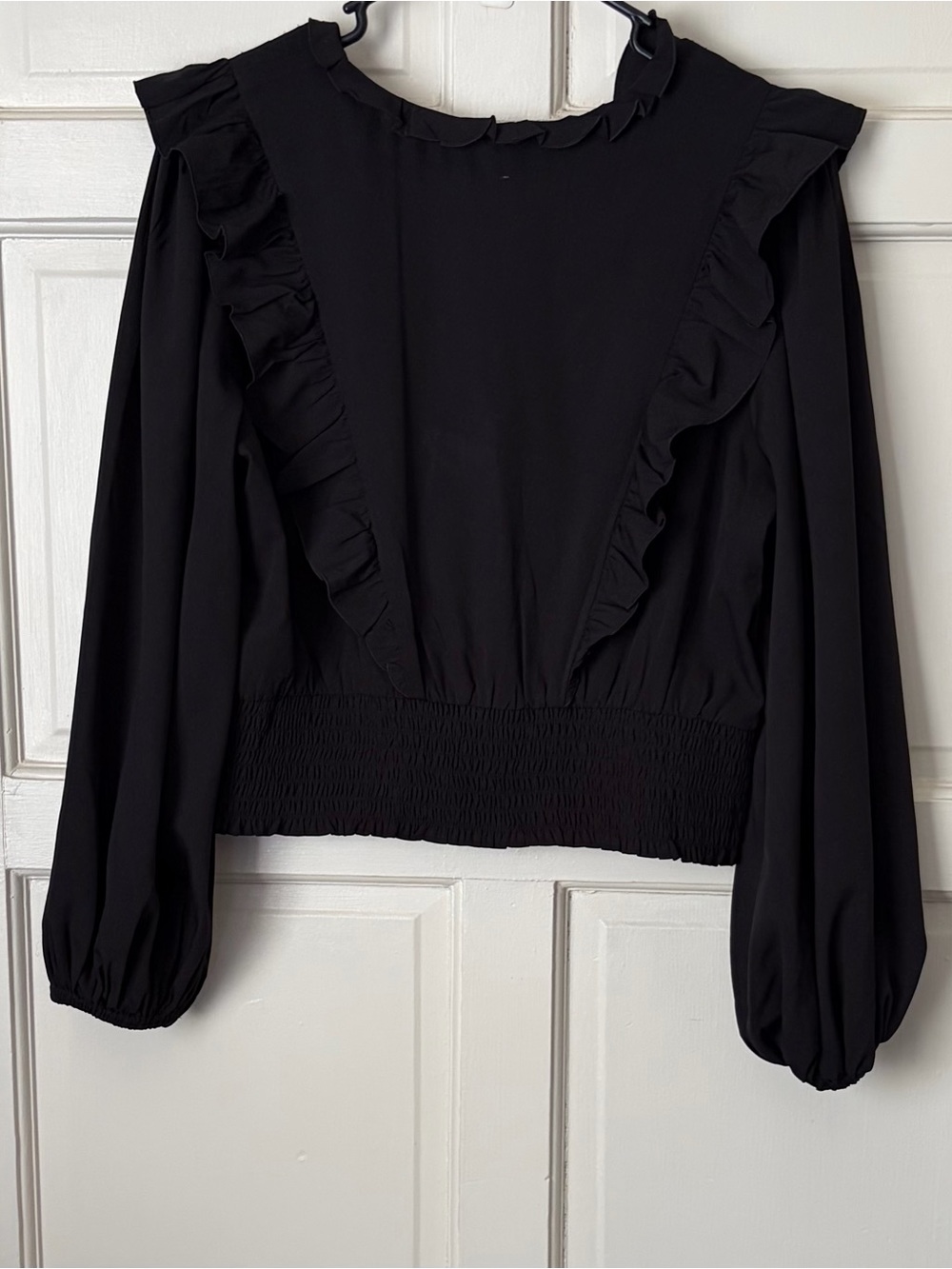 Express Black Ruffled V-Neck Smocked-Waist Blouse - Picture 9 of 9